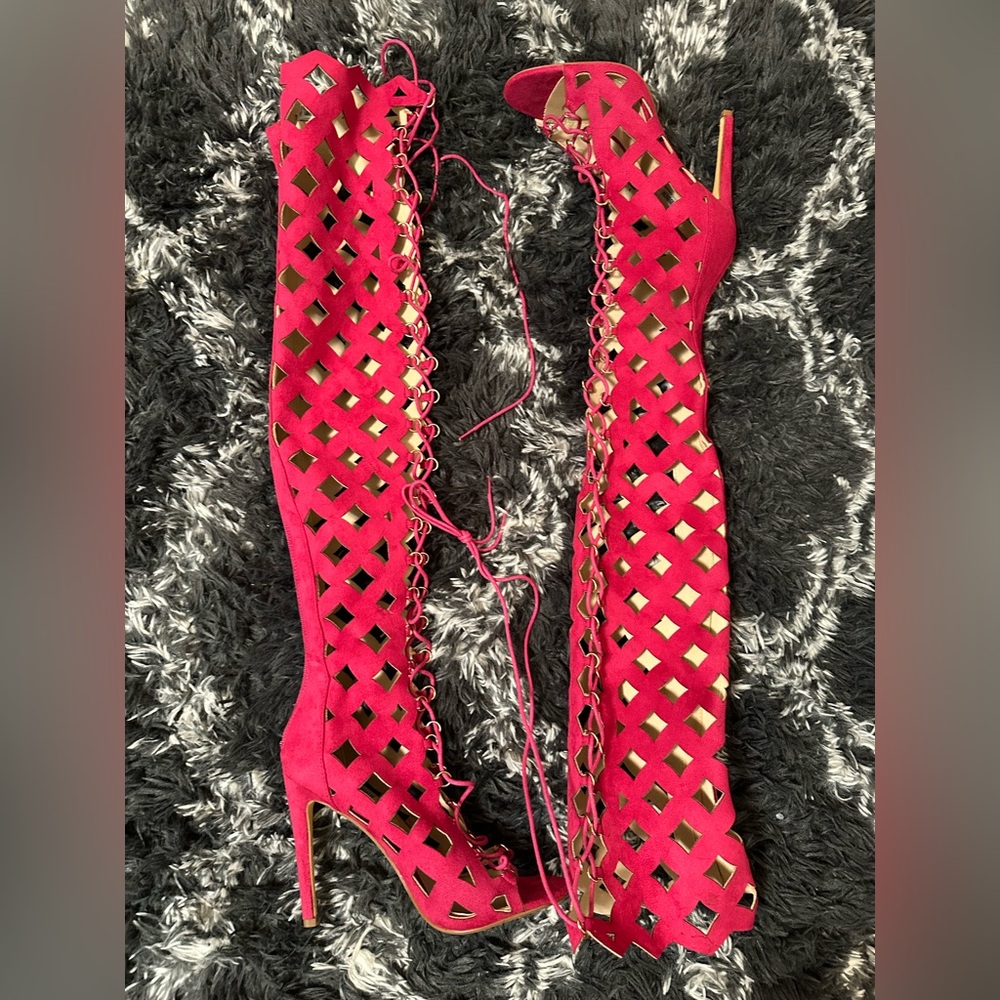 Pink Lace-Up Thigh High Heels